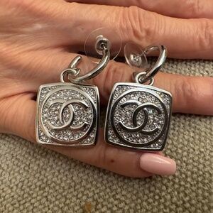 Brand New Classic Chanel CC Logo Crystal Embellished Square Dropped Earrings